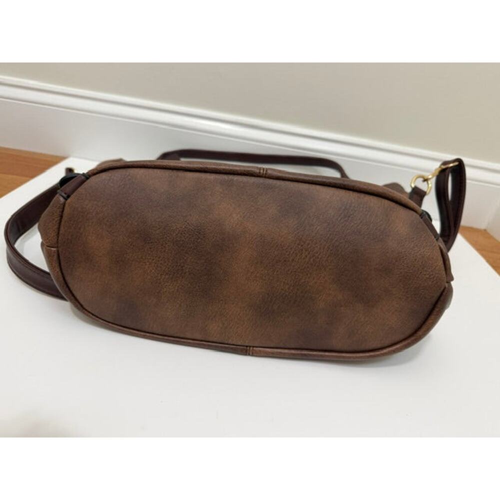 Vegan Leather Bucket Tote Crossbody Bag Brown Gold Hardware - Picture 6 of 8